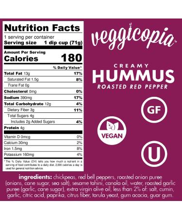 Veggicopia Creamy Roasted Red Pepper Hummus 2.5 oz Dip Cup Singles (Pack of 24) | High Protein, Shelf-Stable Snack | Vegan, Gluten-Free, Non-Dairy | Michelin Star Chef Crafted, All-Natural - Buy Online on SooperMarket.com