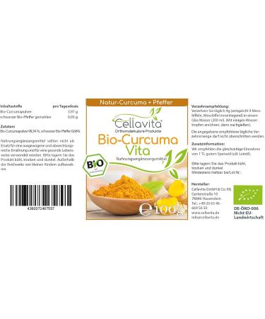 Buy Organic CELLAVITA Curcuma Vita Turmeric Powder with Black Pepper (100g) - Premium Yellow Ginger/Saffron Root for Health Benefits - Buy Online on SooperMarket.com
