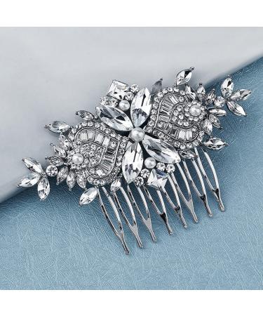Missgrace Bride Wedding Prom Side Hair Comb Crystal Rhinestones Flower Hair Comb Clips Bridal Hair Accessories Hair Piece for Women and Girls (Silver)