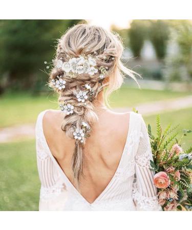 Bridal Flower Wedding Hair Pins - Crystal Pearl Clips Headpiece for Brides - Gold Hair Accessories with Rhinestone - Pure White Flower - 5 Count - Buy Online on SooperMarket.com
