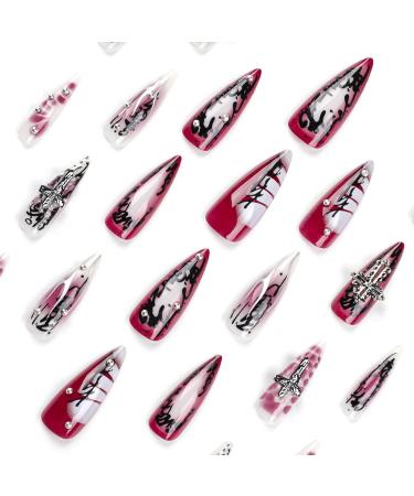 MISUD Long Stiletto Press on Nails - Gothic Red Black Ombre Acrylic Fake Nails - 24 Pcs Glossy Chrome Swirl Design - International Shipping Available - Buy Online on SooperMarket.com