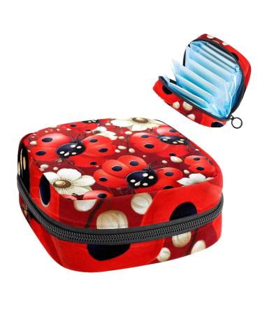 Anna Cowper Red Black Ladybugs Flowers Sanitary Napkin Storage Bag Feminine Menstrual Cup Pouches Nursing Pad Holder Tampon Bags Portable Period Bag for Women Teen Girls 1Pcs Multi-colored 17