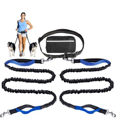 Hands Free Dog Leash for Running Walking Training Hiking Dual-Handle Reflective Bungee Poop Bag Dispenser Pouch Adjustable Waist Belt Shock Absorbing Ideal for Medium to Large Dogs (2 Leashes)
