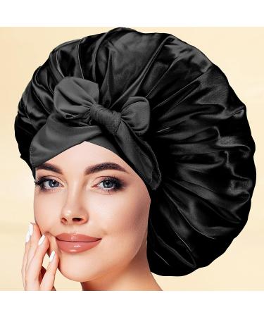 Satin Silk Hair Bonnet for Women | Adjustable Jumbo Sleep Cap for Long Curly Hair | Black - Buy Online on SooperMarket.com