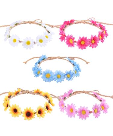 Whaline Daisy Flower Headband Sunflower Hair Wreath Women Girl Floral Headpiece for Summer Decoration Wedding Party Hippie Halloween Christmas Festival(5 Packs)