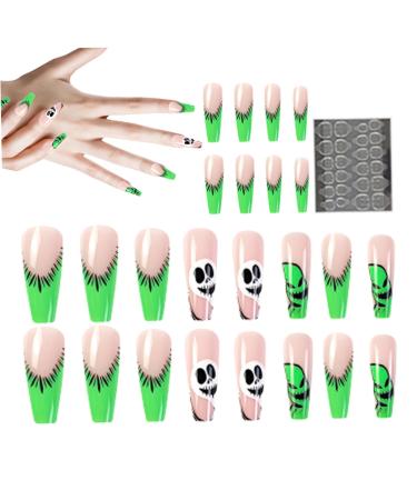 Halloween Press on Nails Halloween Press on Nails Medium Horror Ghost and Skull Halloween Fake Nails 24PCS Coffin French Tip False Nails with Gel Glue