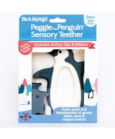 Bickiepegs Peggie of the penguin sensory bite toy with fastening clip - dental aid for babies - Peggie of penguin bite ring - toothed toys for babies and toddlers for front gray and white