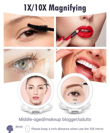 10X 1X Double Sided Magnifying Makeup Vanity Mirror | Rechargeable Lighted Mirror with 3 Color Settings | Adjustable Rotation LED Desk Mirror - White - Buy Online on SooperMarket.com