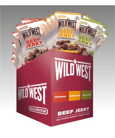 Wild West Beef Jerky Mix Box 25g 12 Pack with 4x original 4x Honey BBQ 4x Jalapeno - Beef Jery High Protein Drying Meat Protein Snack 25 G (12 Pack)