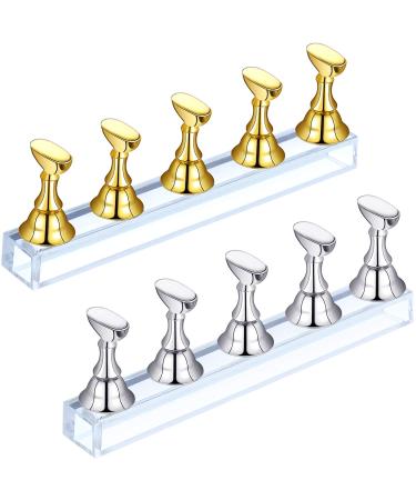 2 Sets Acrylic Nail Display Stand Nail Tip Practice Stand Magnetic Nail Practice Holder Fingernail DIY Nail Stand for False Nail Tip Manicure Tool (Gold and Silver)