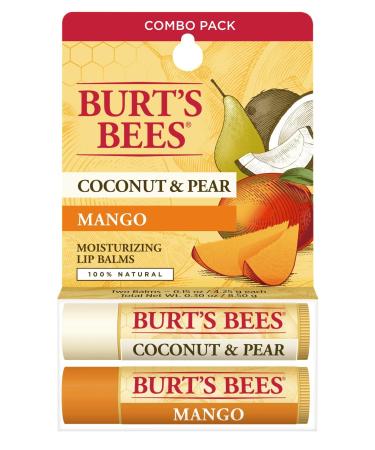 Burt's Bees 100% Natural Moisturizing Lip Balm Coconut & Pear and Mango with Beeswax & Fruit Extracts - 2 Tubes 2 Fl OZ Coconut & Pear and Mango 0.15 Ounce (Pack of 2)
