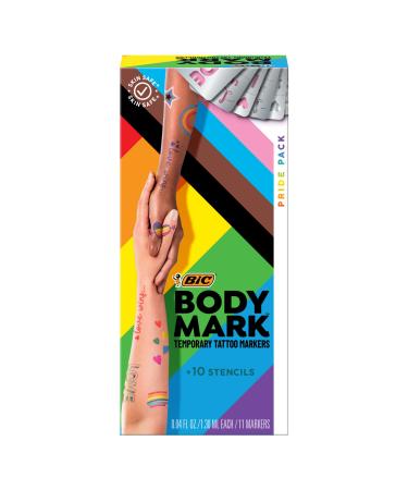 BodyMark by BIC, Temporary Tattoo Marker, Pride Pack, Skin-Safe, Mixed Brush Tip & Fine Tip, Assorted Colors, 11 Markers + 10 Stencils 11-Count