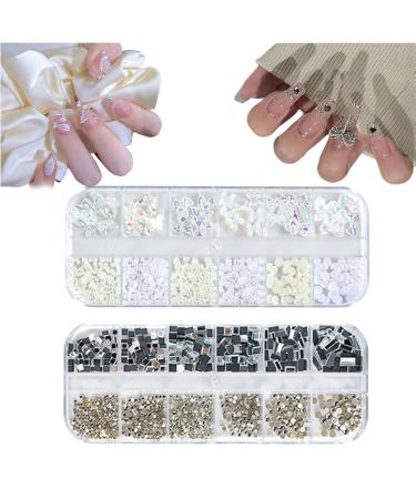 3D Nail Charms 2 Boxes Multi-Shape Aurora Bow Butterfly Nail Art Charms Nail Pearls Rhinestones Nail Gems for Nail Art Decoration DIY Crafts (B)