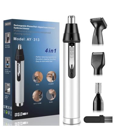 Ear and Nose Hair Trimmer for Men,Professional USB Rechargeable Nostril Nasal Hair Vacuum Cleaning System,4 in 1 Lightweight Waterproof Hair and Beard Clippers for Women (White)