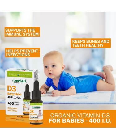 Certified Organic Vitamin D3 Drops - For Baby - 400 IU per drop - 490 servings - Development and maintenance of bones and teeth - GMO free - Gluten free - Made in Canada - 13.5 ml (Pack of 2) - Buy Online on SooperMarket.com