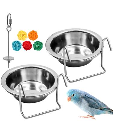 2 Pack Bird Feeder Birds Bowls Stainless Steel Dishes Coop Cups with Wire Hook, Parrot Feeding Dish Cups Food Water Bowls with Bird Food Holder and Rattan Ball for Finches Lovebirds Set 1