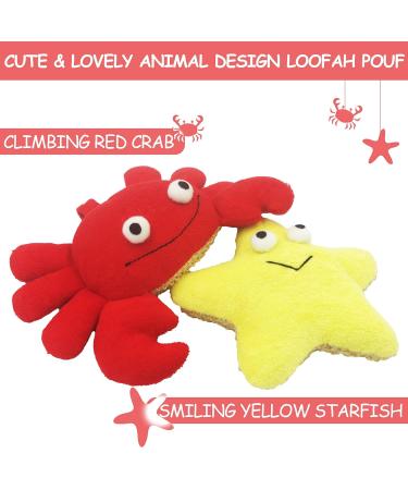 Bleu Bath 2 Pack Animal Body Scrubber Natural Linen Shower Balls for Kids - Gentle Exfoliating Bath Sponge Loofah Pouf - Yellow Starfish Red Crab Design - Buy Online on SooperMarket.com