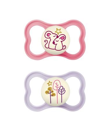 MAM Latex Air Night Soothers 16 Months+ (Pack of 2) Glow in The Dark Baby Soothers with Self Sterilising Travel Case Newborn Essentials Pink (Designs May Vary) Latex Pink Air Night 1 12+ M Soother