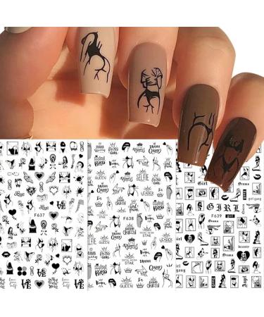 Bad Girls Nail Art Stickers - 3D Self Adhesive Black White Designs for DIY Manicure - Sexy Flower Love Charms for Women and Girls - 8 Sheets - Buy Online on SooperMarket.com