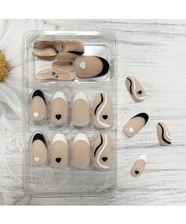 Black & White Swirl Almond Press On Nails | Full Cover False Nails | French Tip Heart Stick On Nails | Glossy Acrylic Nails for Women - Buy Online on SooperMarket.com
