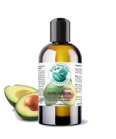 Bella Terra Oils - Avocado Oil 8 oz - Cold-Pressed Excellence Brimming with Oleic Acid & B-Vitamins Ideal Complement for Skin Care Regimens 8 Fl Oz (Pack of 1)