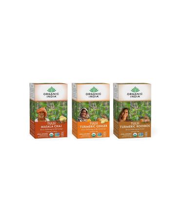 Organic India Spiced Tulsi Herbal Tea Favorites - Masala Chai, Turmeric Ginger, Turmeric Rooibos - Adaptogen, Vegan, Gluten-Free, USDA Certified Organic, Non-GMO - 18 Infusion Bags per Box (Pack of 3)