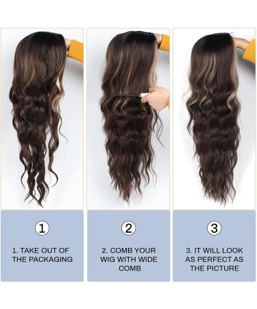 Long Brown Wavy Wig 24 Inch Highlight Wigs for Women Middle Part Curly Synthetic Hair Natural Looking Heat Resistant Fiber for Daily Party Use (Brown Mixed Blonde) - Buy Online on SooperMarket.com