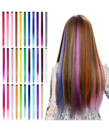 32 PCS Colored Clip in Hair Extensions - BEAHOT 20 Inch Rainbow Long Straight Hairpieces Clip in Synthetic, Halloween Cosplay Dress Up Fashion Party Christmas New Year Gift for Women Kids Girls Colored-Long Straight