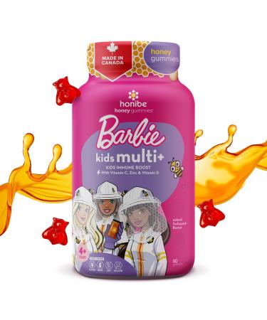 Honibe x Barbie Kids Multivitamin Gummies Plus Immune Boost | Honey-Based Vitamins Made in Canada | Children's Chewable Gummy Vitamins | Kids Zinc Vitamin Honey Gummies | 60 gummies