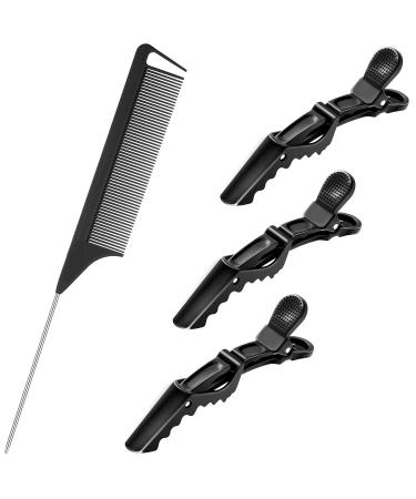 Rat Tail Comb Parting Combs for Braiding Hair Carbon Styling Comb Steel Pin Carbon Fiber Heat Resistant Teasing Combs Barber Combs with 3 Pieces Plastic Styling Hair Clips for Hair Stylist (Black)