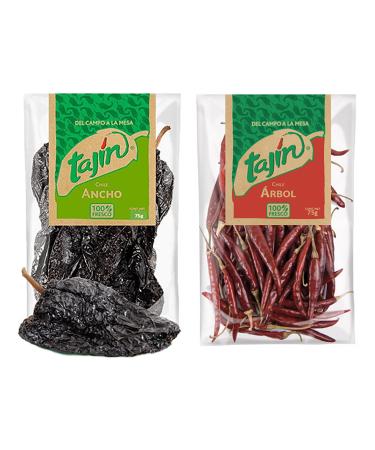 Dried Chillies Bundle with Tajin Ancho Chilli 75g x1 and Arbol Chilli 75g x1 (Pack of 2 Bundle)
