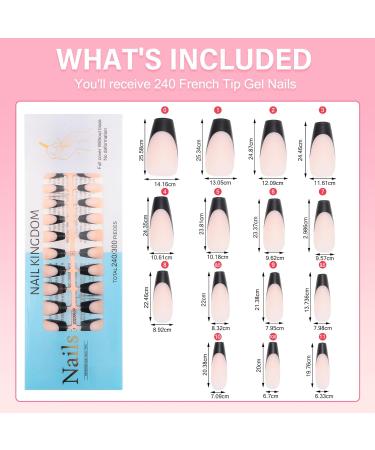 Shop 240PCS French Tips Gel x Nail Tips - Long Coffin Press On Nails in Black-Natural White | Pre-Applied Tip Primer & Base Coat for DIY Nail Extensions - Buy Online on SooperMarket.com