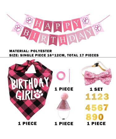 Dog Birthday Kit Dog Birthday Hat Bow Tie Band Pull Flag Scarf Number Stickers Cute Puppy Kitten Party Kit Reusable Suitable for Small Medium and Large Dog Pets(pink) - Buy Online on SooperMarket.com