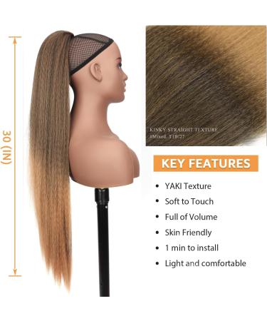 PORSMEER 30 Inch Yaki Straight Drawstring Ponytail Clip In Extensions for Women Kinky Straight Pony Tail Extensions Hair Extensions Ponytail (Black mix blonde) - Buy Online on SooperMarket.com