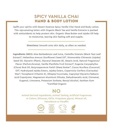 Desert Essence Spicy Vanilla Chai Hand & Body Lotion - 8 fl oz | Uplifting, Smoothes & Softens Skin | Aloe Vera, Shea Butter, Vitamin E - Buy Online on SooperMarket.com