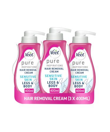 Veet Pure Hair Removal Cream 400ml each (Pack of 3) Legs & Body Sensitive Skin 1 Spatula Long Lasting Smoothness Hydrates & Exfoliates Skin Least Number of Ingredients (Packaging may vary) 400 ml (Pack of 3)
