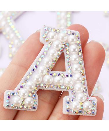 26 Piece Rhinestone Iron On Patch A-Z White Pearl Bling Rhinestone Letter Patch Glitter Alphabet Applique Rhinestone Pearl English Letter for DIY Craft Supplies (Colorful White)