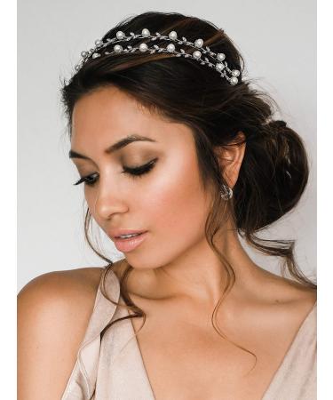 SWEETV Pearl Wedding Headband - Silver Double Band Bridal Tiara Hair Accessory - Buy Online on SooperMarket.com