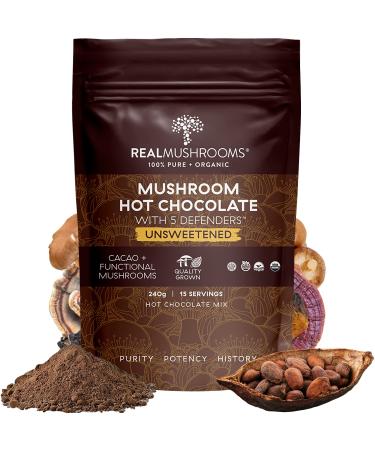Unsweetened Organic Hot Chocolate Mix w/ 5 Defenders (Turkey Tail, Chaga, Maitake, Shiitake, Reishi Mushroom Powder) - Cacao Powder - Gluten-Free, Non-GMO, Vegan (15 Servings) Unsweetened Hot Chocolate