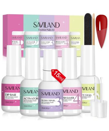 Saviland 5*15ml Dip Powder Liquid Set - Glossy&Matte 9Pcs Nail Dip Liquid Set with Base & Top Coat/Activator/Brush Saver Dipping Powder Manicure Tools for Nail Art Home DIY Salon  Valentine's Day Gift for Ladies B-5 PCS ...