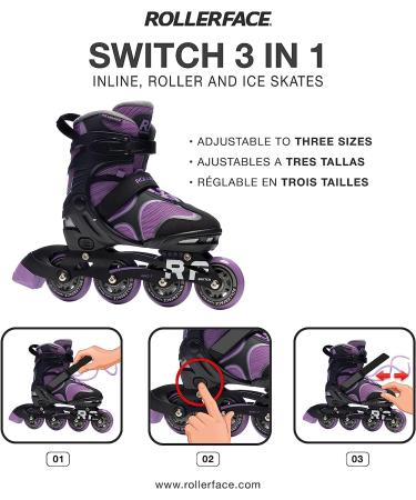 Rollerface Switch 3-in-1  Sport  Outdoor and Recreation Inline Skate  Roller Skate  and Ice Skate. (Adjustable up to 3 Sizes) Purple Large: US Women's 8 - 10 - Buy Online on SooperMarket.com