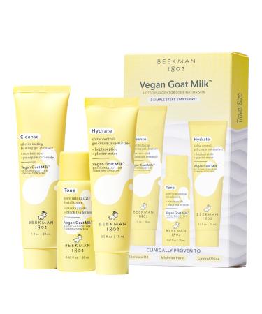 Beekman 1802 Oily + Combination Skin 3-Step Kit - Non-Comedogenic - Travel Size - Cleanses & Improves Skin Barrier - With BioMilk 1% Heptapeptide & 2% Niacinamide - Good for Sensitive Skin
