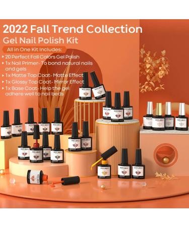 Modelones 20 Colors Gel Nail Polish Kit - Fall Winter Collection | Gold, Orange, Yellow, Brown Shades | Bond Primer, Glossy & Matte Top Coat | DIY Nail Art | Halloween Gift Set - 24 PCs - Buy Online on SooperMarket.com