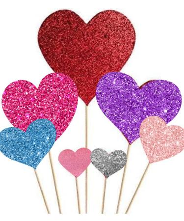 35 pcs Glitter Red Heart Cake Toppers Picks for Sweet Love Theme Wedding Engagement Valentine's Day Bridal Shower Mother's Day Party Cake Decors(Multi Color)