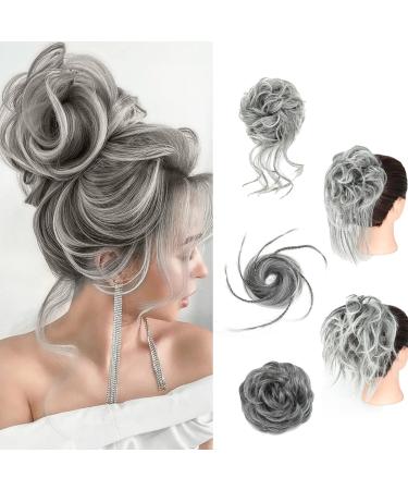 Fulang Hair 5/Pack hair part with rubber band large bun hair part wavy of course artificial hair hair tie women with hair updos hair extension messy bun hair parts (1b/171t60#)