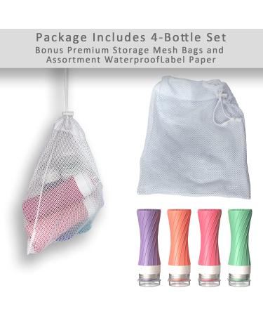 POPDIGITO 3 oz Silicone Travel Bottles Set - 4 Pack Colorful Squeezable Leakproof Containers for Toiletries - TSA Approved Refillable Bottles with Bag - Buy Online on SooperMarket.com