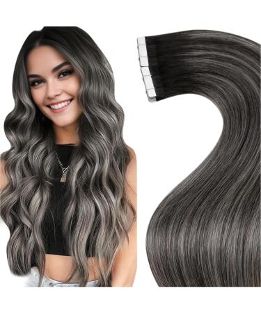 LAAVOO OMBRE Extensions Real Hair Tape In Black Silver Real Hair Extensions Tape Remy Hair Extensions 50cm Tape In Hair Extension Real Hair Balayage 20pcs #1b/S/1b 50cm-20Pcs 3.6 #1b/S/1b