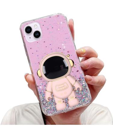 Tivenfezk nadoli for iPhone 15 plus astronaut hidden stand shell caricature glitter stand soft silicone bling transparent protective cover iphone 15 plus pink