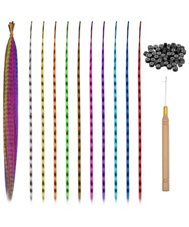 20Pcs Feather Hair Extensions Colored Hair Extensions Kits Colorful Hairpieces Feathers Synthetic Hair Extension Kits with 50 Micro Beads and 1 Crochet Hook for Girls Women