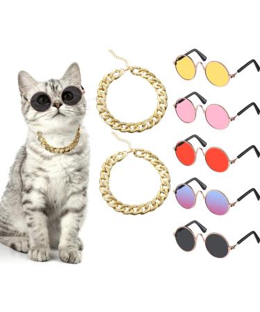 7 Pieces Sunglasses for Cats Dog Sunglasses Gold Chain Costume Funny Cute Cat Glasses Retro Pet Cosplay (Vivid Colors, Lovely Style) Vivid Colors Lovely Style